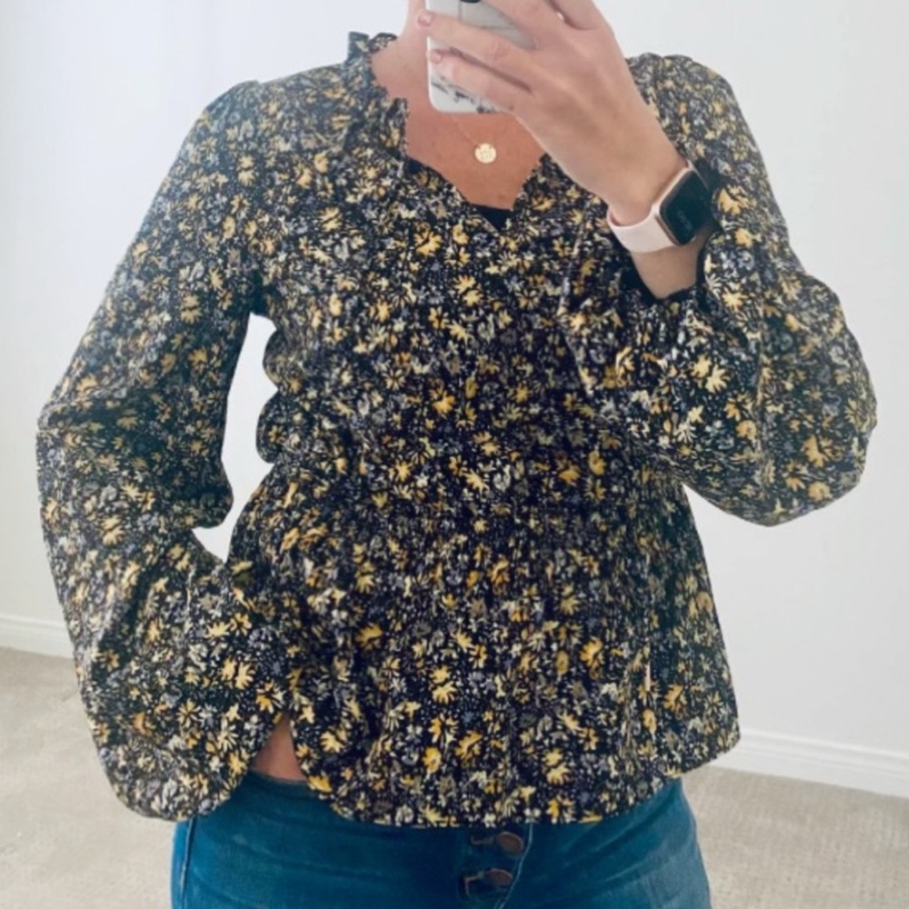 Skies Are Blue BOHO Long Sleeve Floral Bubble‎ Sleeve V Neck Blouse Size Medium